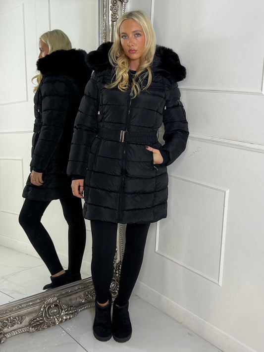 Long Padded Belted Coat With Faux Fur Hood - Black