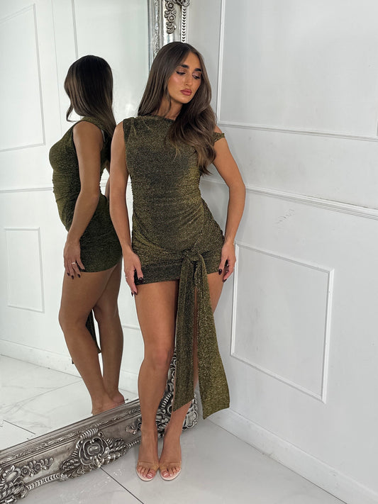 Off Shoulder Ruched Side Tie Drape Glitter Dress - Gold