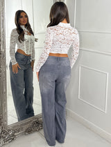 Long Sleeve Tie Neck Lace Corset Top - White