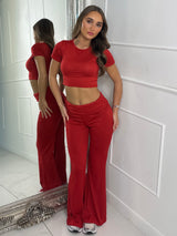 Crop Tee & Fold Over Flares Loungesuit - Red