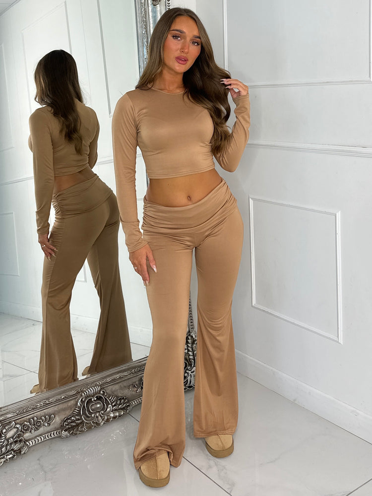 Long Sleeve Top & Fold Over Flared Co-ord - Beige