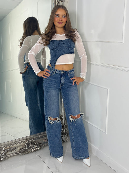 Long sleeve Denim Frill Corset Top - White Mesh With Blue Denim