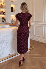 Burgundy Polka Dot Print Flutter Sleeve Wrap Midi Dress