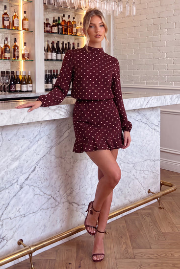 Burgundy Polka Dot Print High Neck Long Sleeve Mini Dress