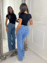 High Waist Pocket Front Jewelled Button Jeans - Denim Blue