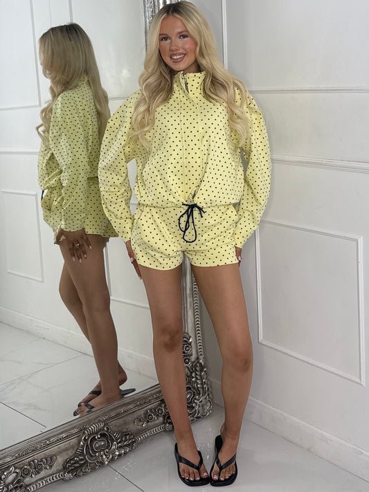 Polka Dot Zip Up Jacket & Elasticated Waist Shorts Set - Yellow/Black