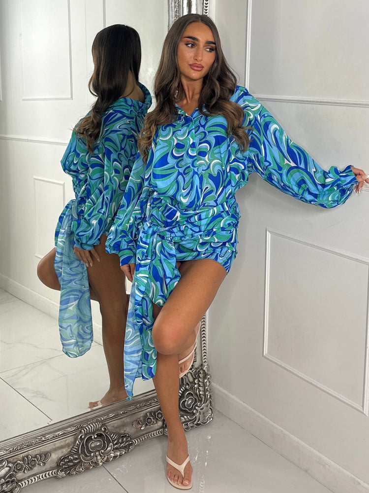 Printed Shirt Dress with Wrap Skirt - Blue/Green Print
