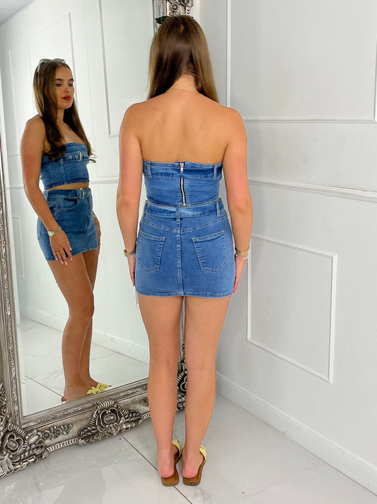 Bandeau Buckle Detail Denim Mini Skirt Co ord - Blue Denim