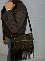 Suede Gold Detail Tassle Chain Bag - Khaki