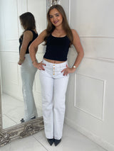 High Waist Pocket Front Jewelled Button Jeans - White