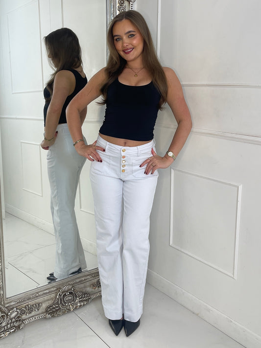 High Waist Pocket Front Jewelled Button Jeans - White