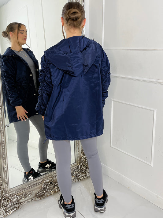 Long Ruched Sleeve Windbreaker Jacket - Navy