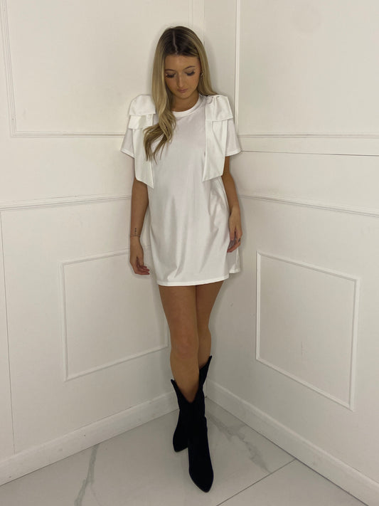 Bow Shoulder Detail Oversized T-shirt Dress - White