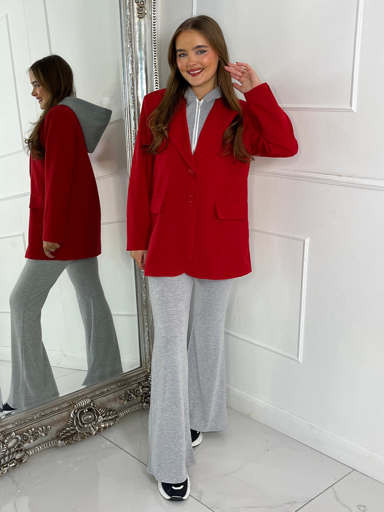 Oversized Blazer With Grey Attached Hood - Red