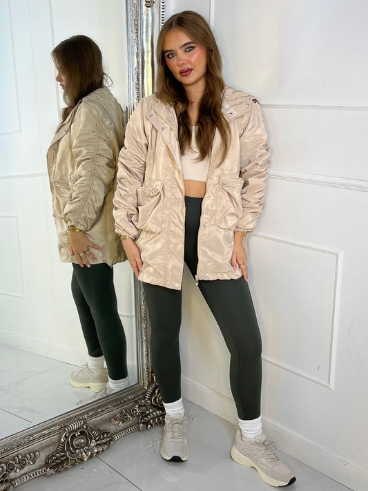 Long Ruched Sleeve Windbreaker Jacket - Cream