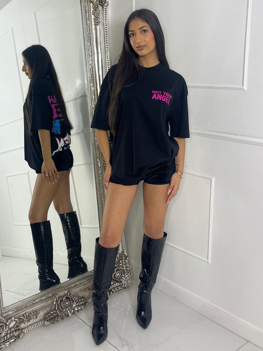 Ribbed Collar Oversized T-Shirt - Black Not Your Angel Print