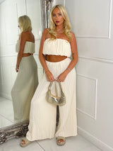Pleated Bandeau & Wide Leg Pants Co-ord - Cream