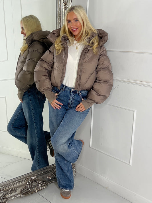 Puffer Coat With Detachable Hood - Taupe