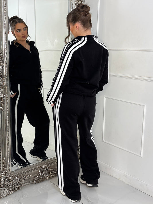 Side Stripe Collared Zip Up Jacket & Joggers Tracksuit - Black