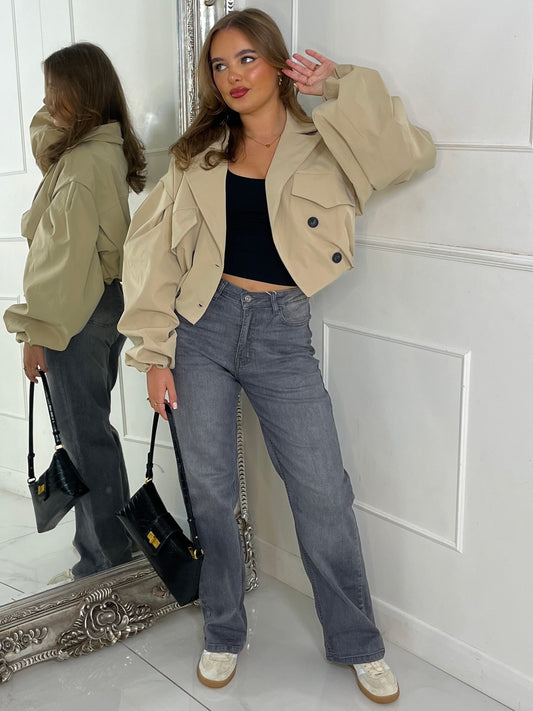 Crop Balloon Sleeve Trench Jacket - Beige