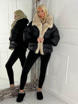 Hooded Puffer Coat With Faux Fur Trim - Black/Apricot Fur