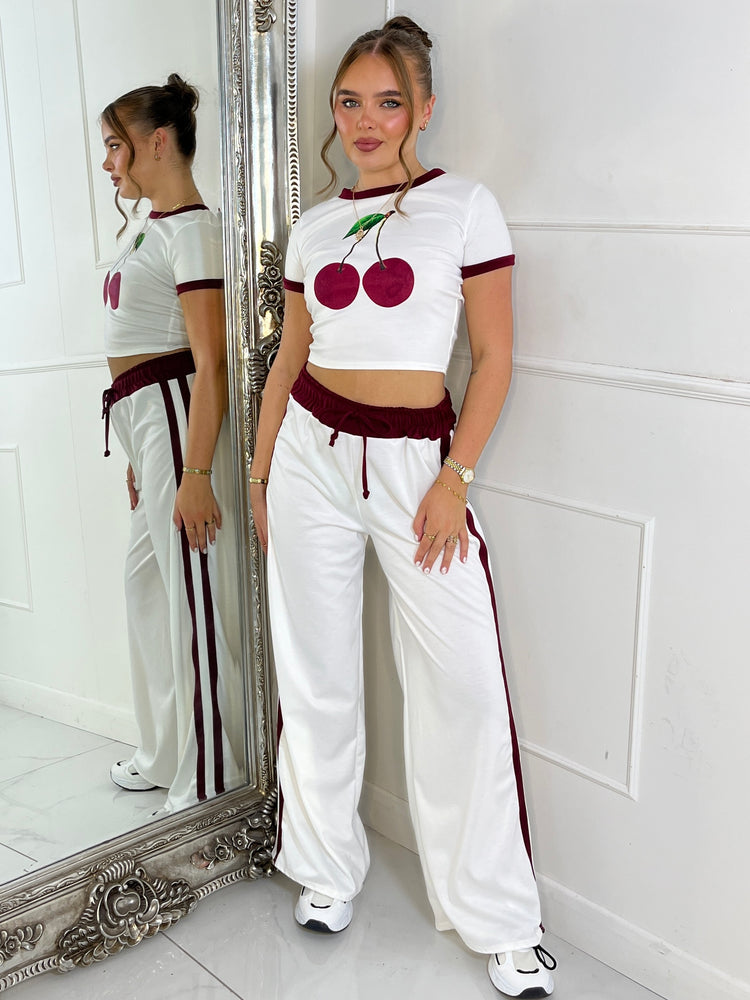 Cherry Tee & Side Stripe Trousers Co-Ord - White