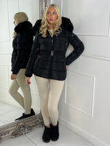 Padded Belted Coat With Faux Fur Hood - Black