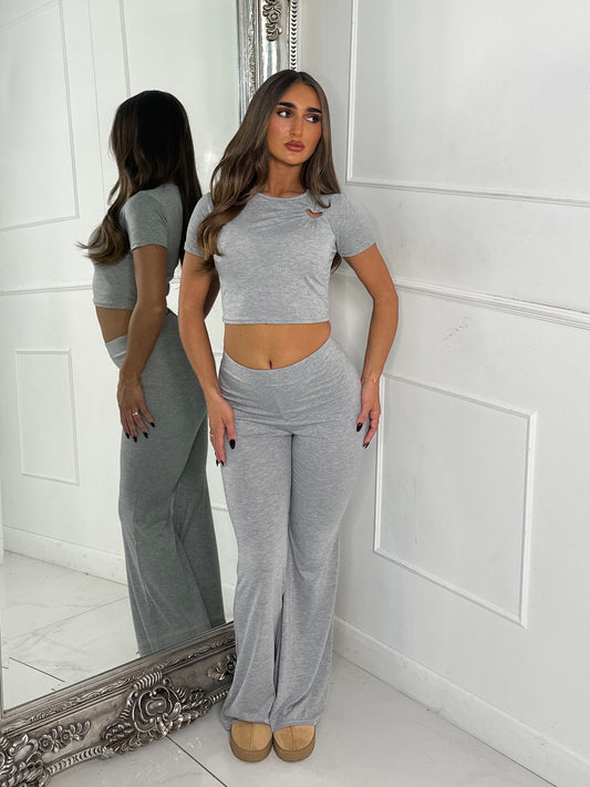Heart Detail Crop Top & Wide Leg Pants Set - Grey