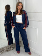 Hooded Colour block Jacket & Straight Leg Pants Set - Wine/Navy