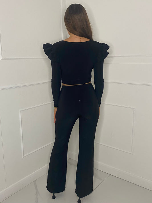 Frill Shoulder Detail Crop Top & Flares Co-ord - Black