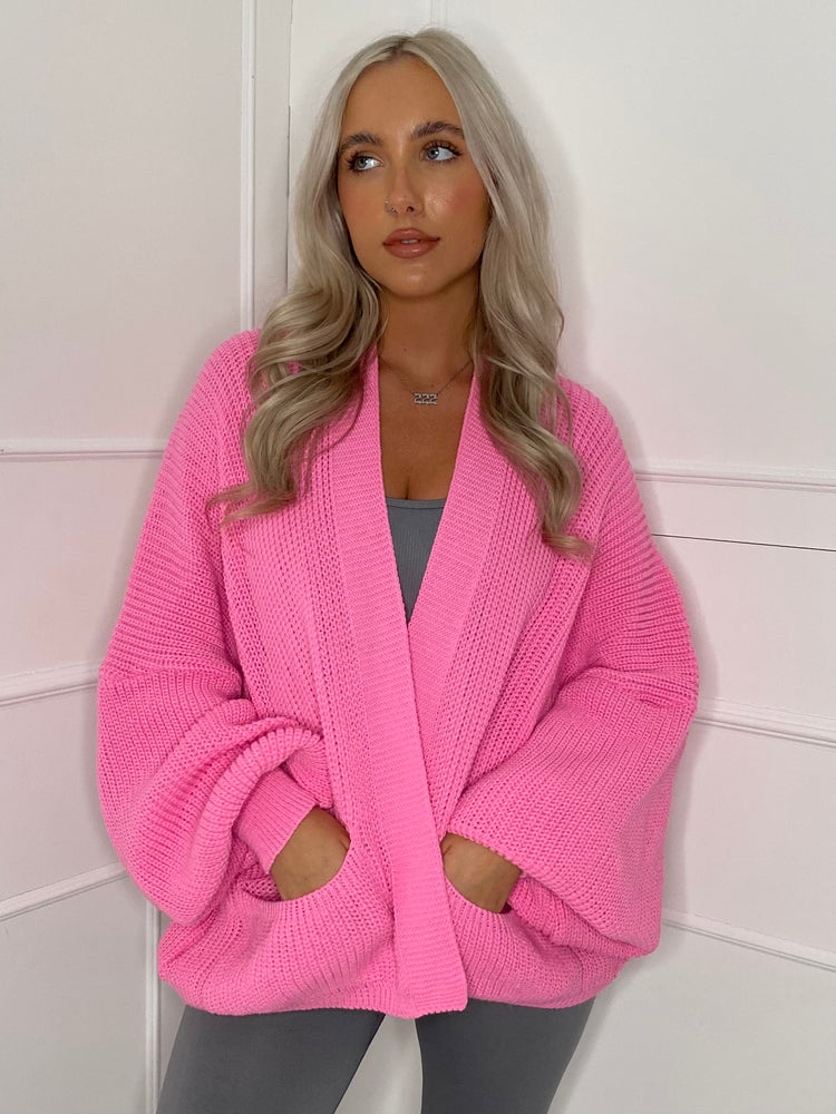 Balloon Sleeve Knitted Cardigan - Neon Pink