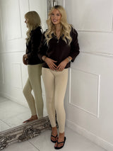 Zip Up Detail 
Long Sleeve Cropped Knitted Ribbed Jumper-Brown