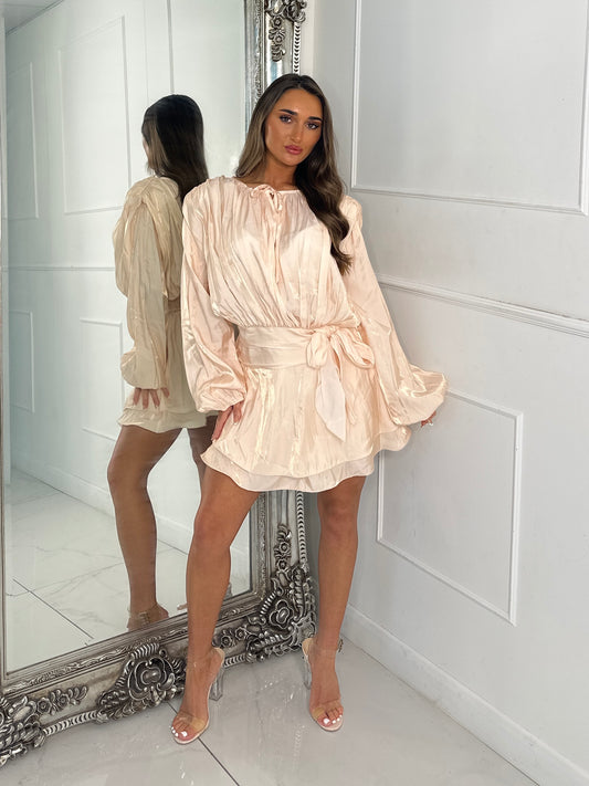 Pleated Belt Detail Chiffon Shirt Dress - Light Beige