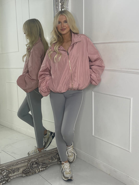 Zip up Puff sleeve oversized windbreaker - Dusty Pink