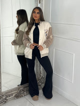 Embroidered Teddy Detail Varsity Jacket - Beige/Cream