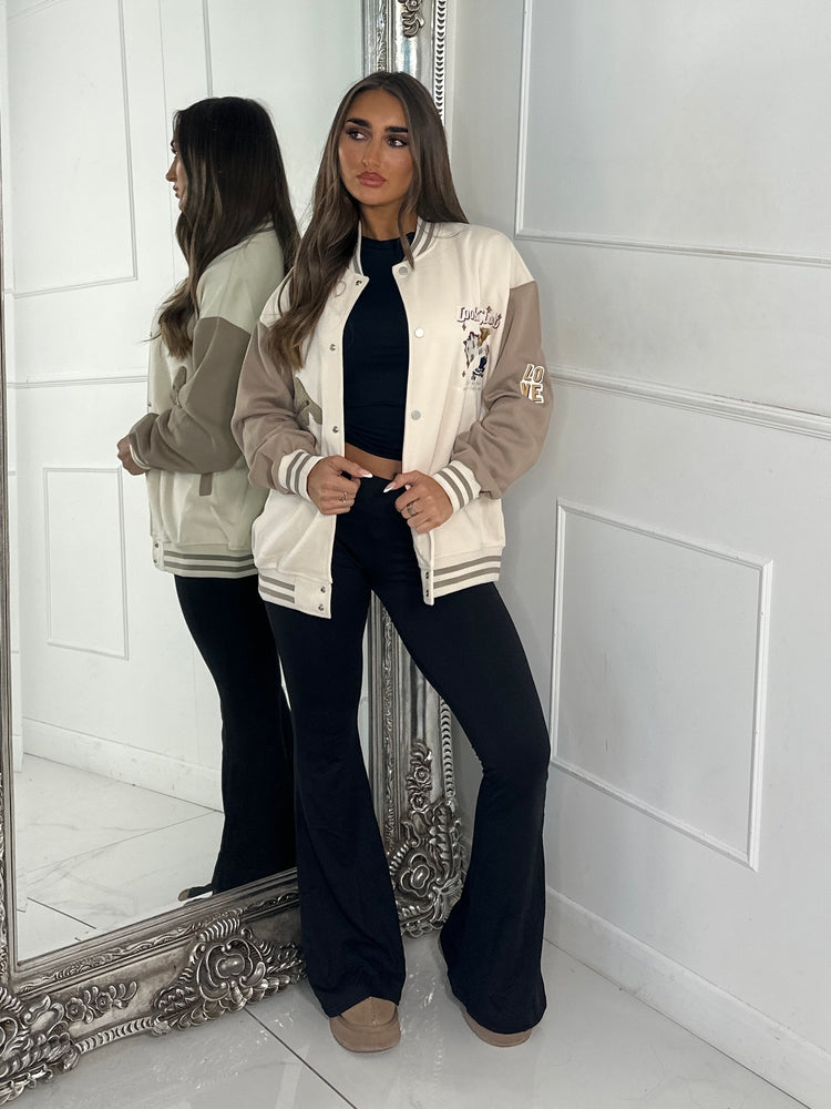 Embroidered Teddy Detail Varsity Jacket - Beige/Cream