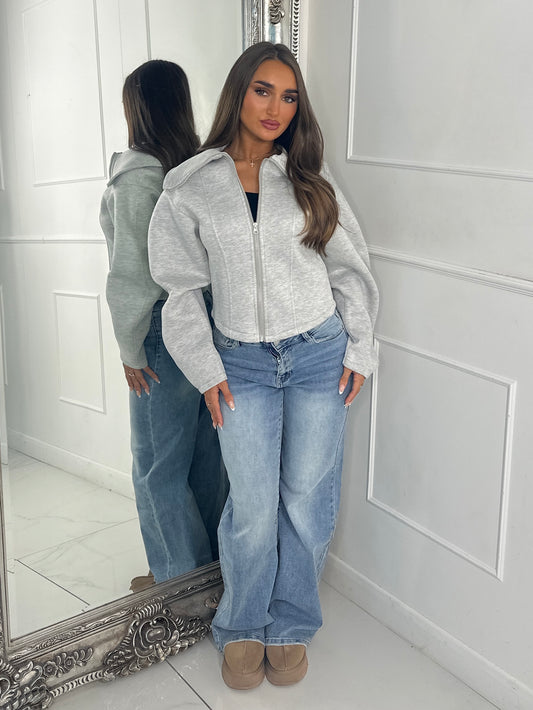 Zip Up Oversized Collar Jacket - Bleach Grey