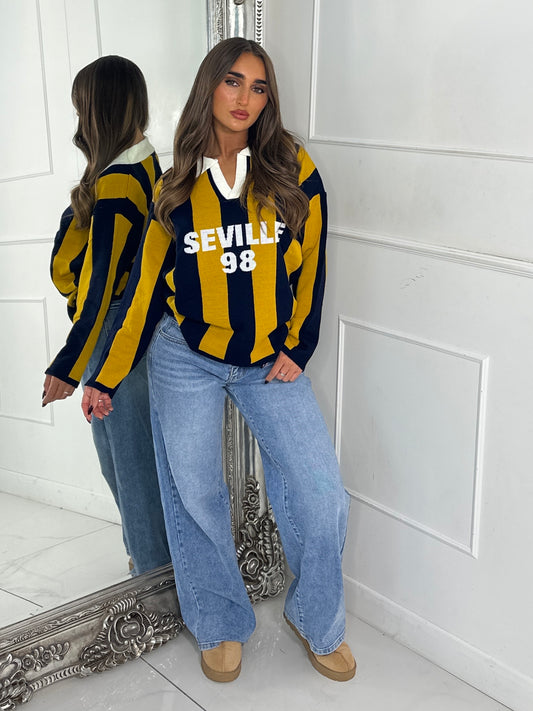 ‘Seville 98’ Striped Varsity Jumper - Yellow/Navy