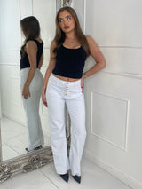High Waist Pocket Front Jewelled Button Jeans - White
