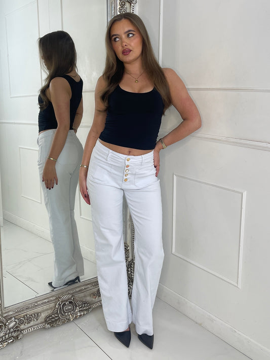 High Waist Pocket Front Jewelled Button Jeans - White