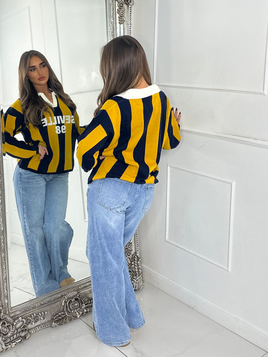 ‘Seville 98’ Striped Varsity Jumper - Yellow/Navy