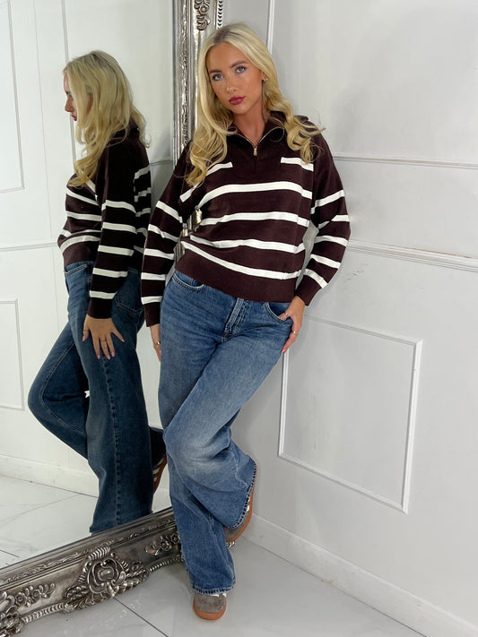 1/4 Zip Striped Jumper - Brown / Cream