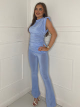 Padded Shoulder Cowl Neck Top & Fold Over Flares set - Baby blue