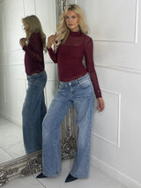 Mesh Long Sleeve Bodysuit With Under-layer Vest Top - Wine