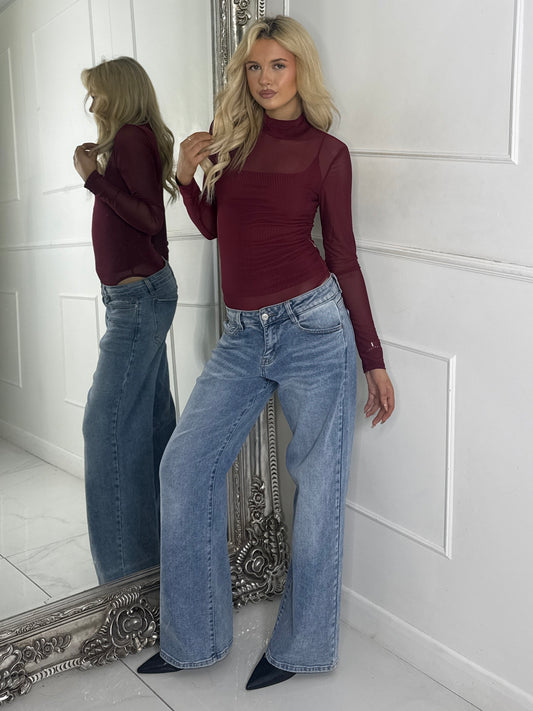 Mesh Long Sleeve Bodysuit With Under-layer Vest Top - Wine