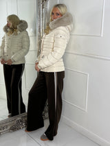 Padded Pocket Detail Faux Fur Hooded Jacket - Cream