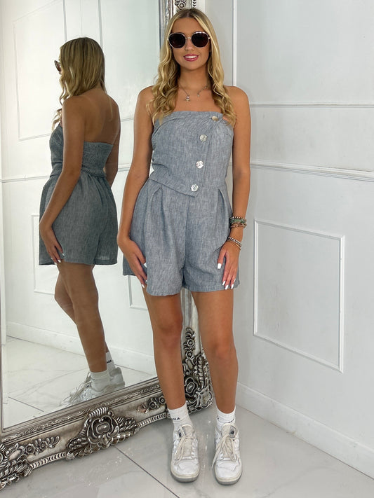 Fold Over Gold Button Playsuit - Grey