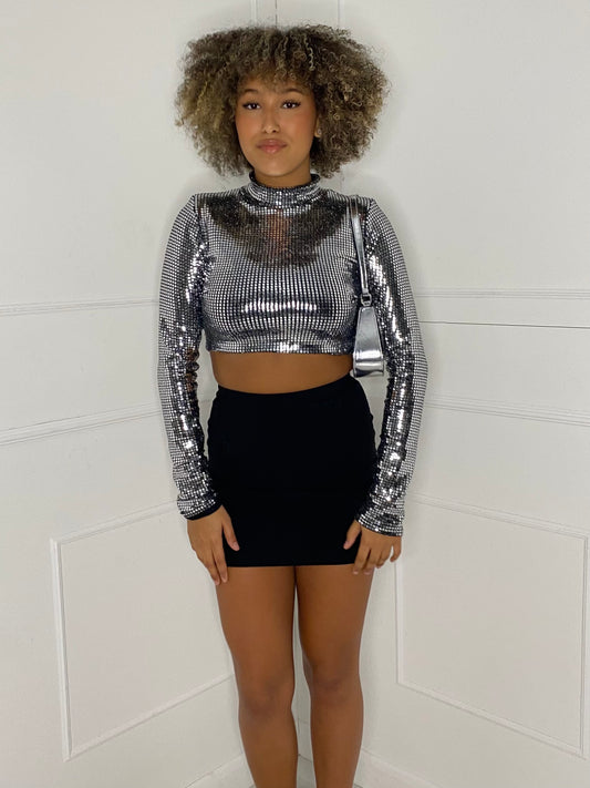 Square Sequin Long Sleeve Top -  Silver