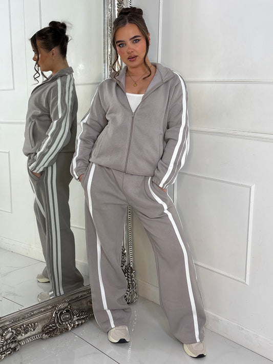 Side Stripe Collared Zip Up Jacket & Joggers Tracksuit - Dove Grey