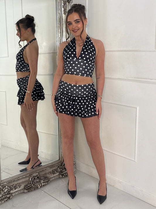 Polka Dot Halter Neck Top & Double Frill Skirt - Black